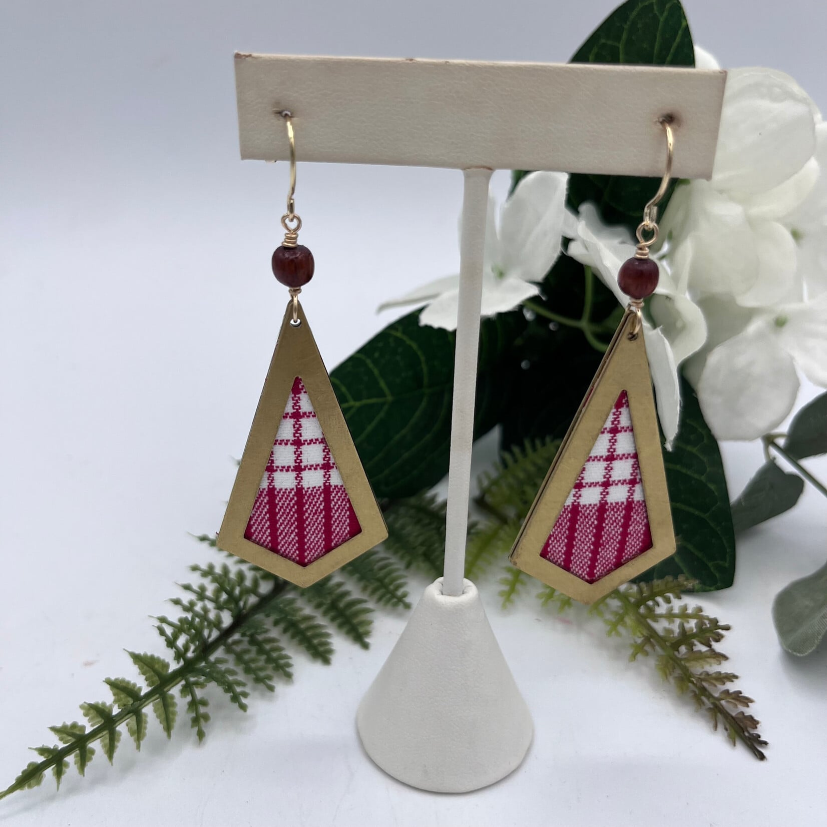 GKS - Grace K Studio Red Palaka + Coated Brass Triangle + Koa Bead + GP Ear Wire Earrings