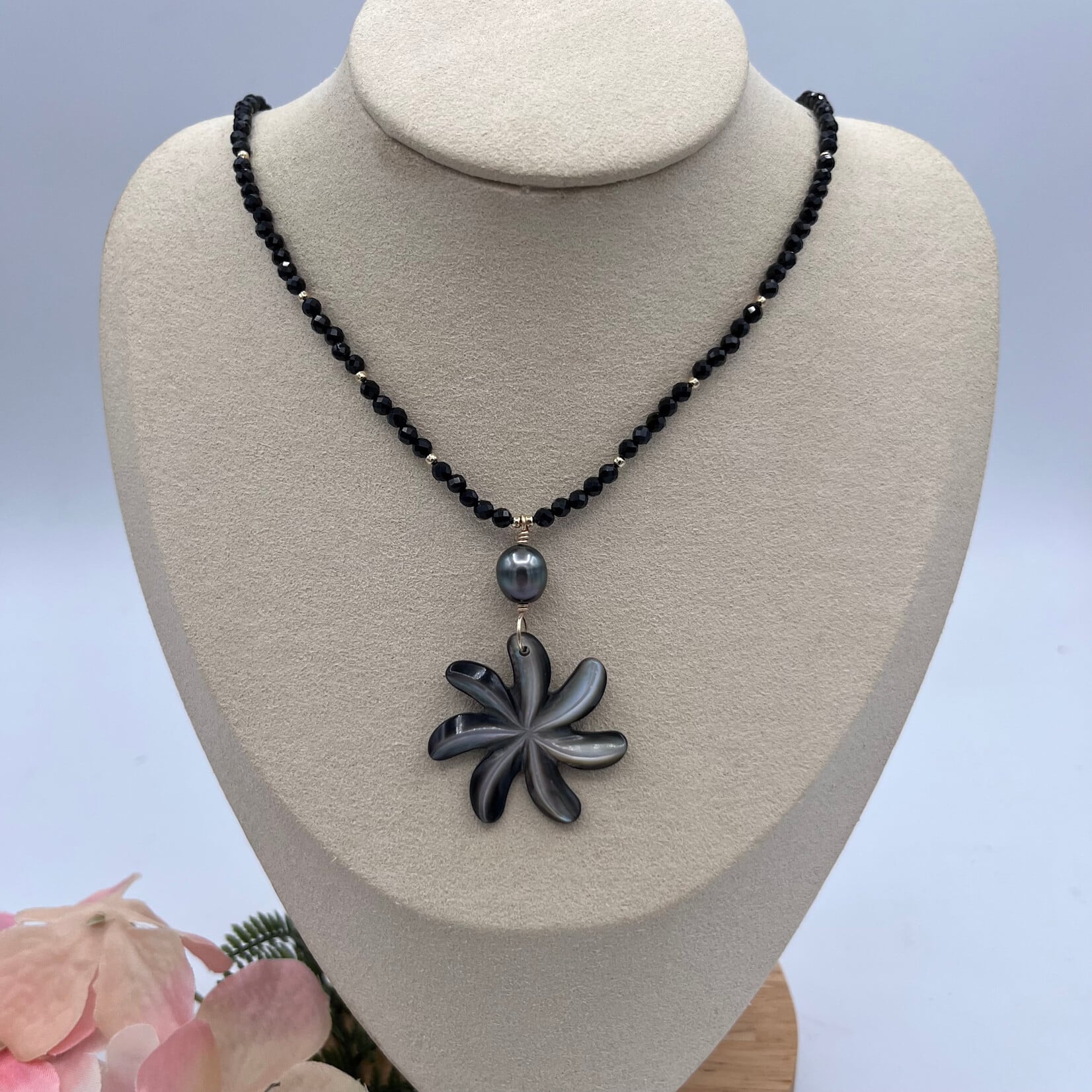 GKS - Grace K Studio MOP Tiare Flower + Black Spinel Bead + Tahitian Pearl 17" Necklace