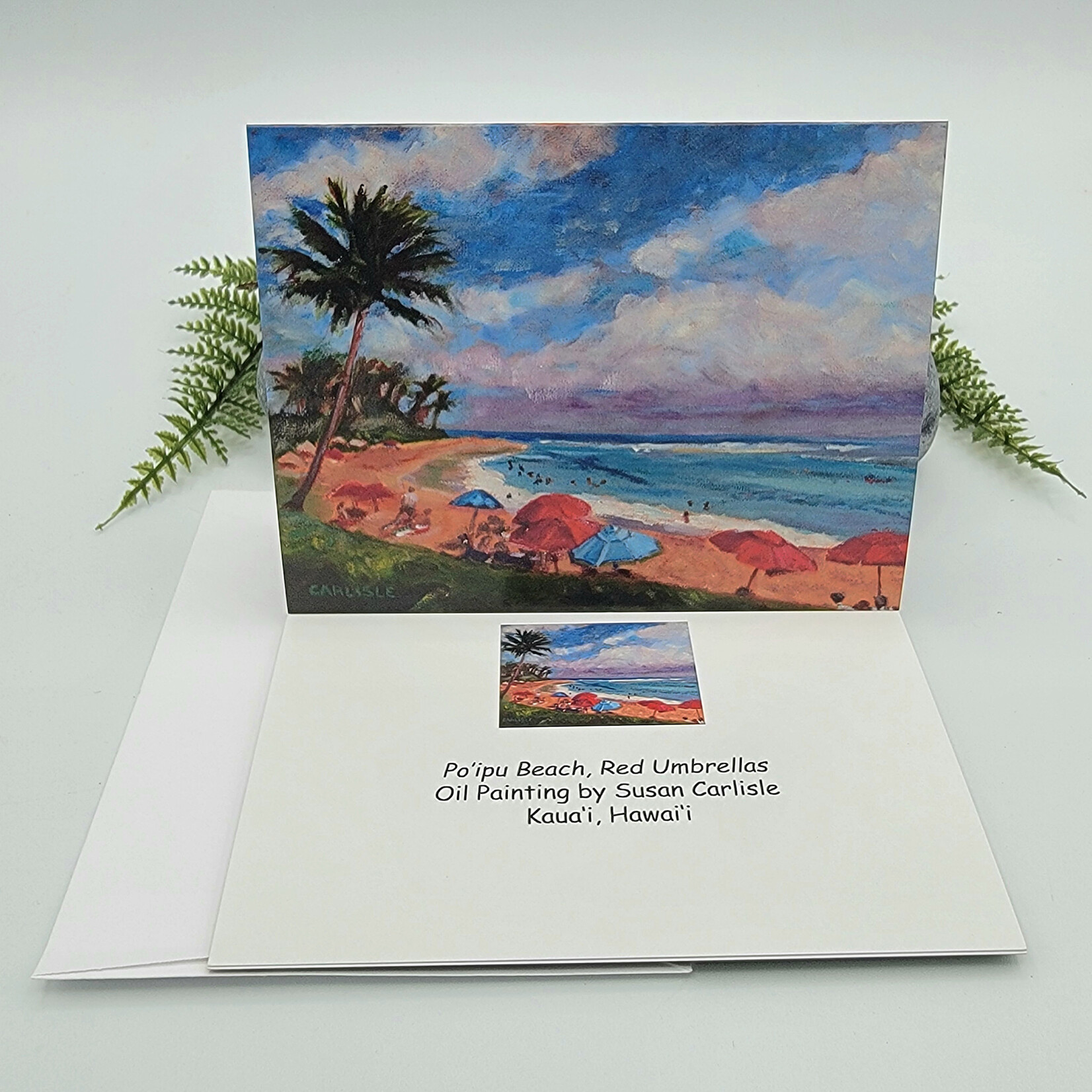 Susan Carlisle Kaua’i Beaches - Single Art Notecard w/Envelope  Poi’pu Beach, Red Umbrellas