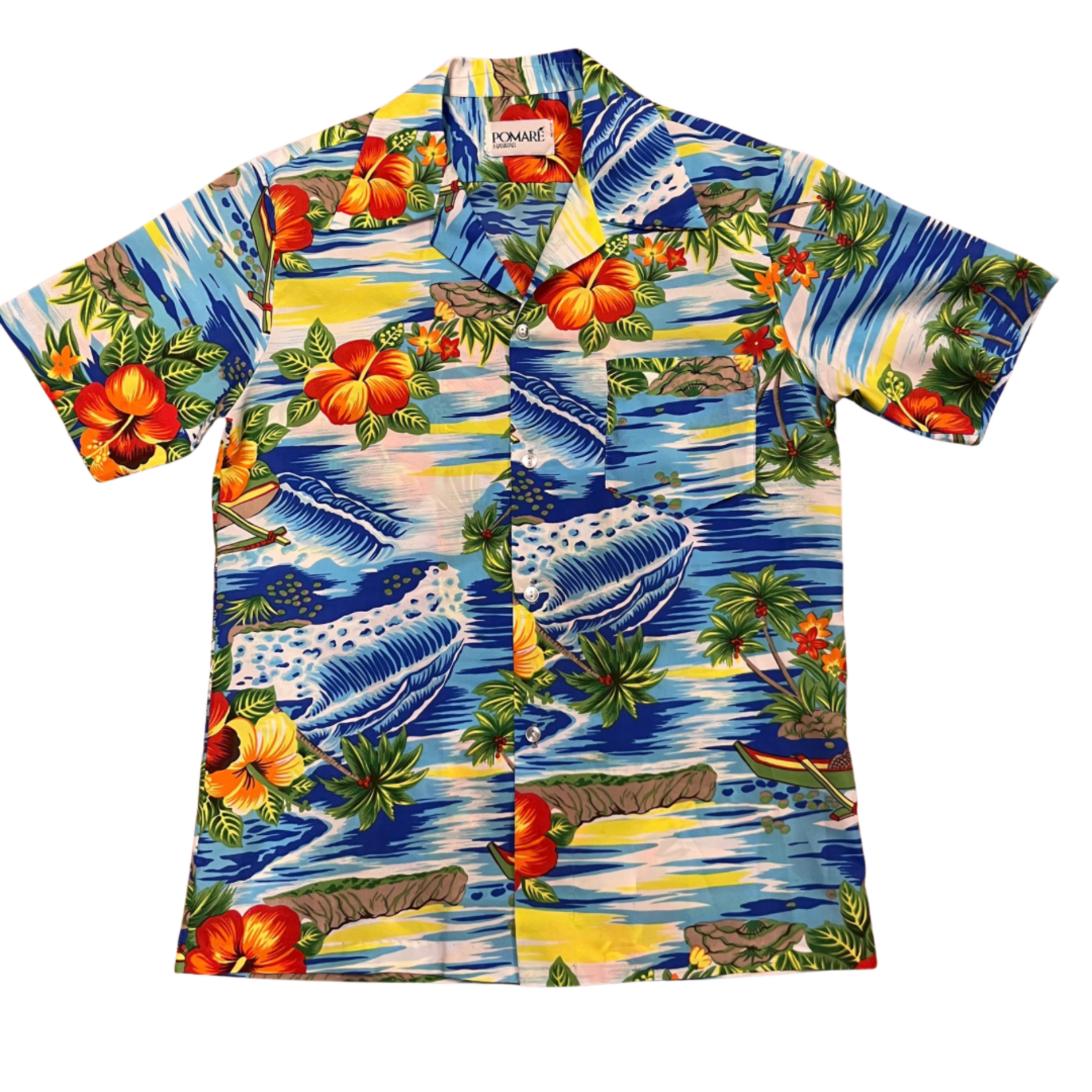 Mission Zero Men’s Vintage Aloha Shirt - Pomare Hawaii - Palms Waves Hibiscus - Med