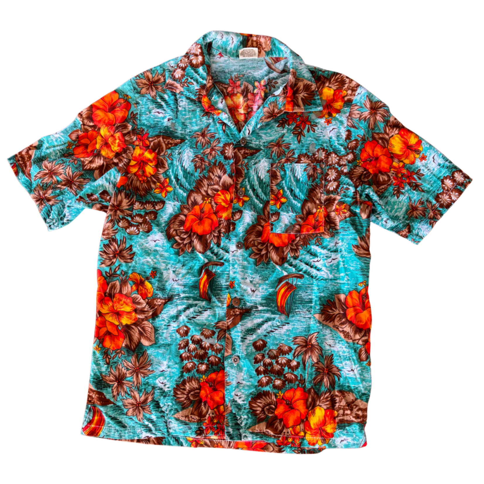 Mission Zero Men's ReLoved Aloha Shirt - As Is -Orange Hibiscus on Ocean - Large