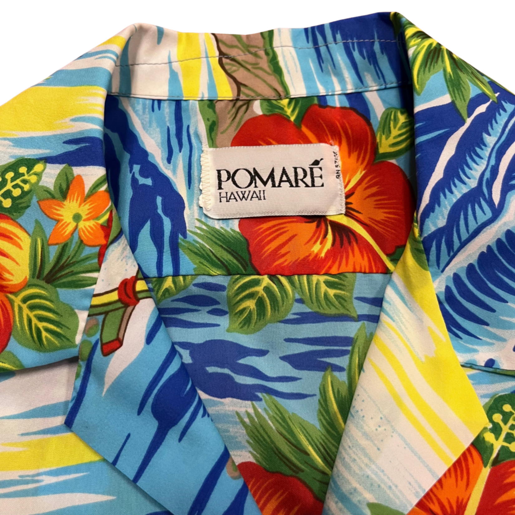 Mission Zero Men’s Vintage Aloha Shirt - Pomare Hawaii - Palms Waves Hibiscus - Med