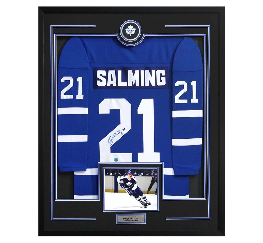 BORJE SALMING SIGNED TORONTO MAPLE LEAFS 36x44 JERSEY FRAME