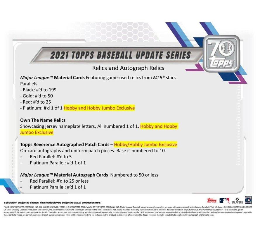 2021 TOPPS UPDATE SERIES BASEBALL HOBBY BOX