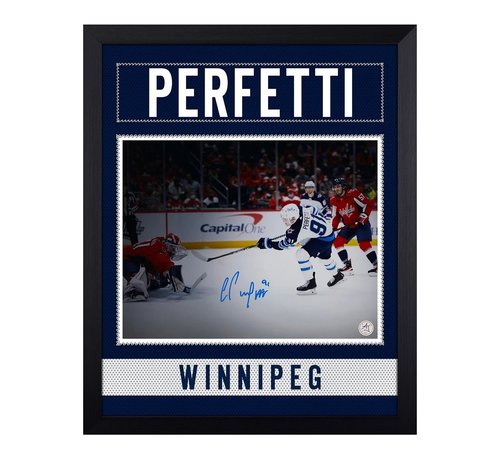 COLE PERFETTI AUTOGRAPHED WINNIPEG JETS UNIFORM GRAPHIC 19x23 FRAME