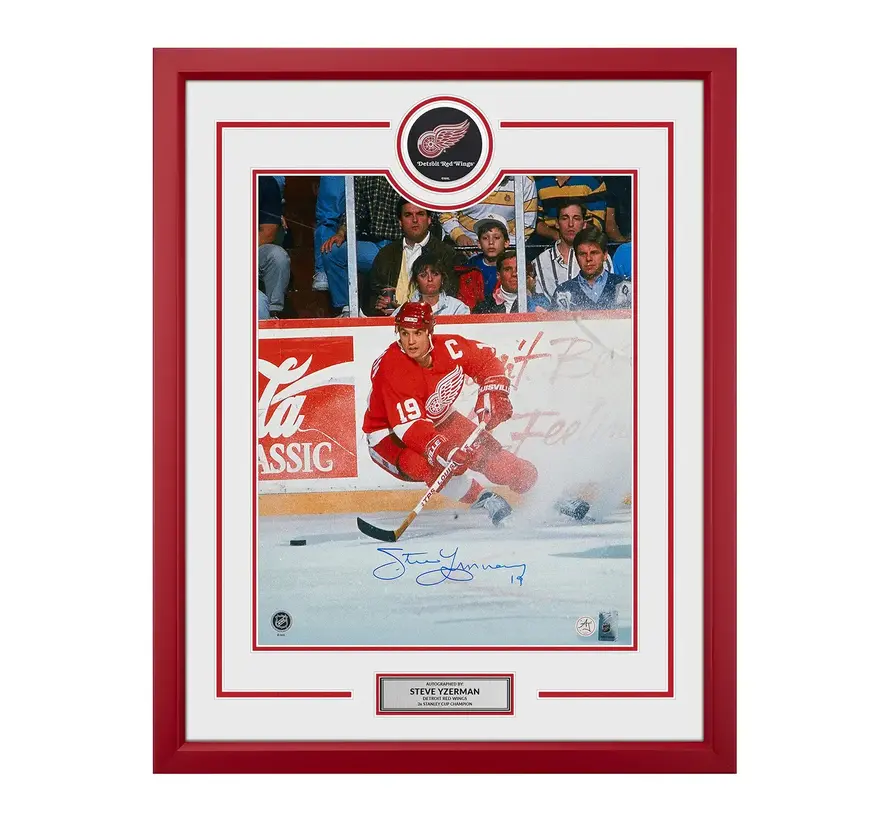 STEVE YZERMAN SIGNED DETROIT RED WINGS PUCK LOGO 26x32 FRAME