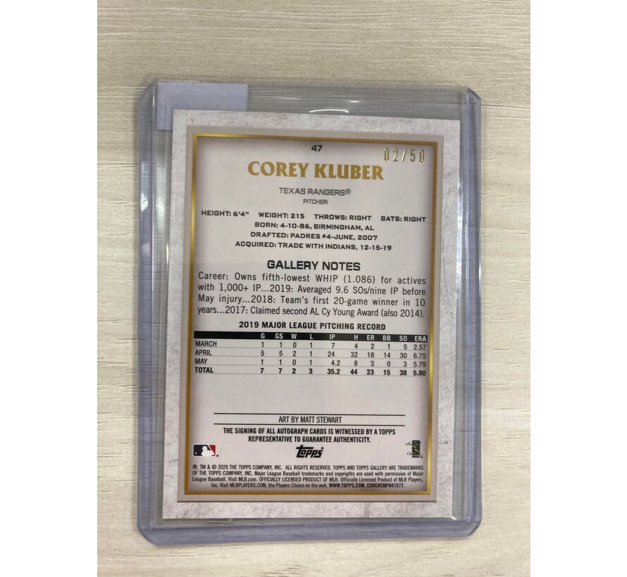 2020 TOPPS GALLERY AUTOGRAPH COREY KLUBER