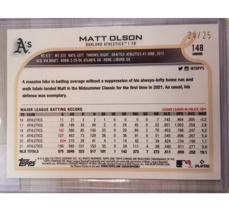 2022 TOPPS CHROME MATT OLSON /25 ORANGE