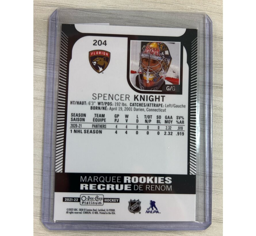 2021-22 OPC PLATINUM  MARQUEE ROOKIES SPENCER KNIGHT