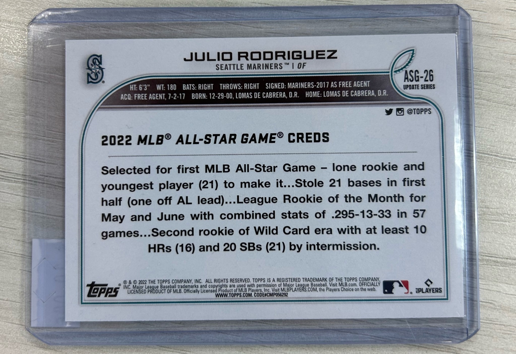 Julio Rodriguez Seattle Mariners 2022 Topps Update All-Star Game # ASG-26  Rookie Card