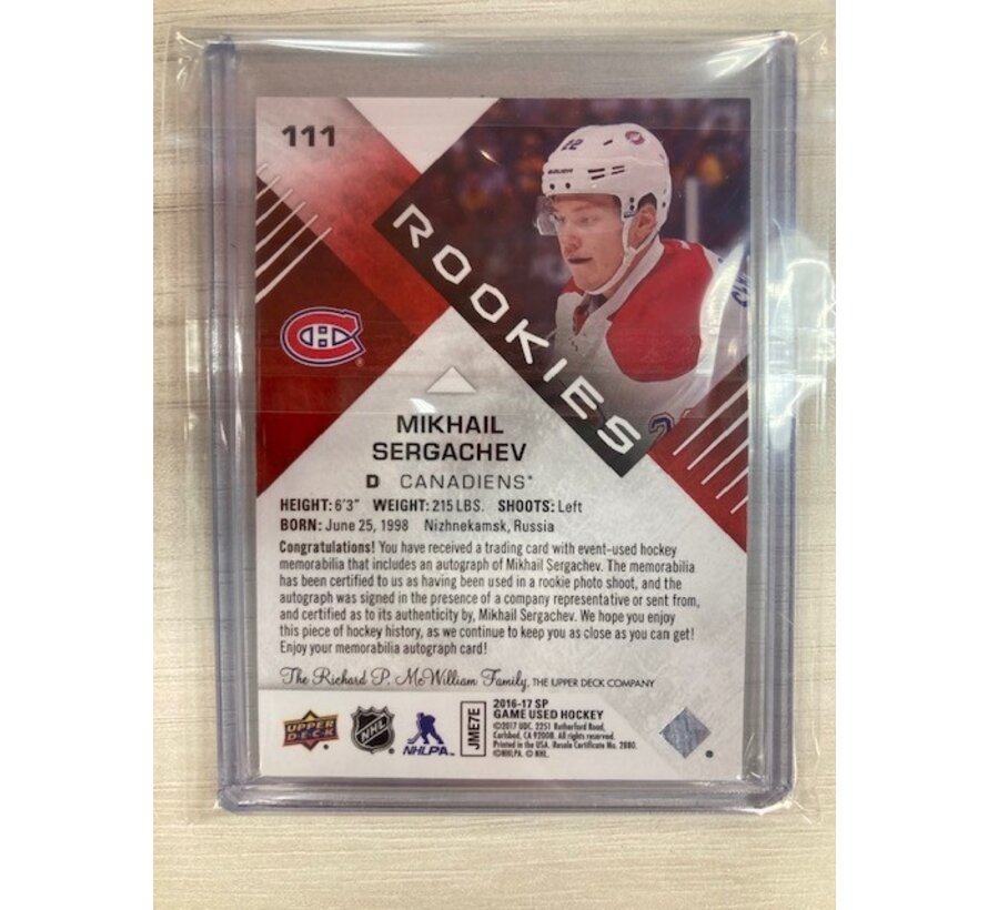 2016-17 SP GAME USED AUTHENTIC ROOKIES RED JERSEY AUTO MIKHAIL SERGACHEV #111