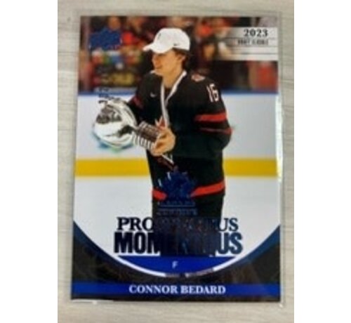 UPPER DECK 2023 UD TEAM CANADA JUNIORS CONNOR BEDARD PROSPECTUS MOMENTOUS BLUE /349