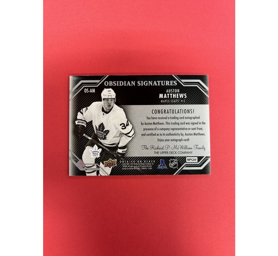 2016-17 UPPER DECK BLACK AUSTON MATTHEWS OBSIDIAN SIGNATURES ROOKIE AUTO