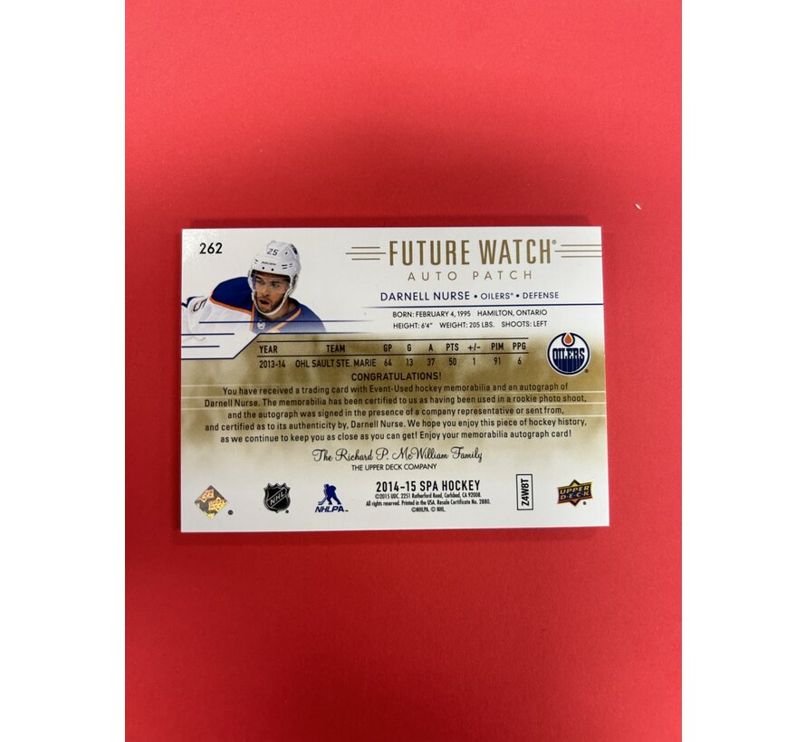 2014-15 SP AUTHENTIC DARNELL NURSE FUTURE WATCH AUTO PATCH /100