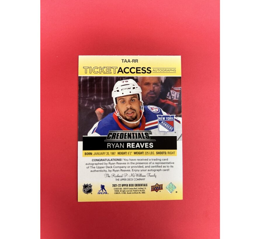 2021-22 UPPER DECK CREDENTIALS RYAN REAVES YELLOW SURGE AUTOGRAPH /25