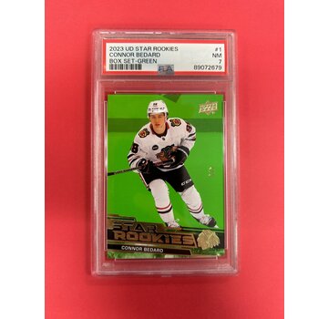 UPPER DECK 2023-24 UPPER DECK STAR ROOKIES CONNOR BEDARD GREEN /9 PSA GRADED 7