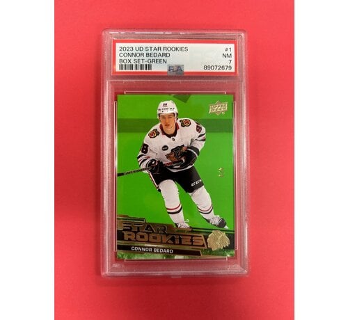 UPPER DECK 2023-24 UPPER DECK STAR ROOKIES CONNOR BEDARD GREEN /9 PSA GRADED 7