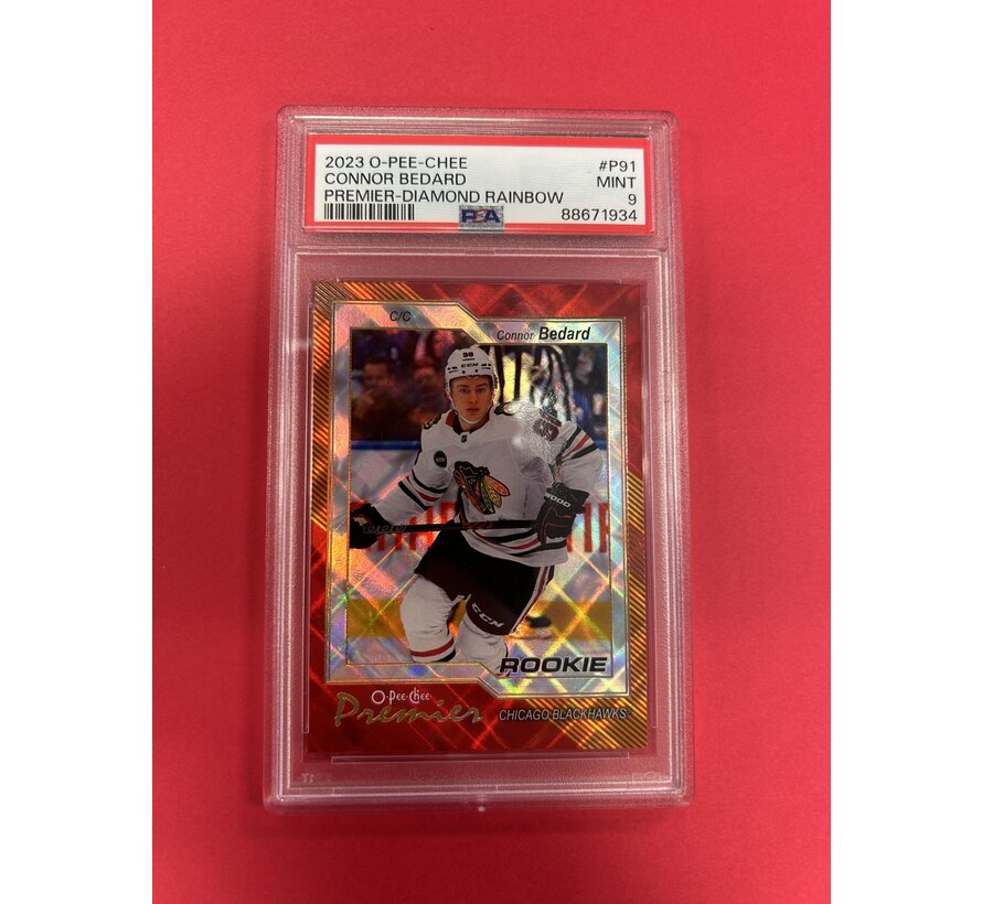 2023-24 OPC CONNOR BEDARD PREMIER ROOKIE DIAMOND RAINBOW /75 PSA GRADED 9