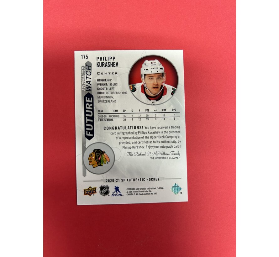 2020-21 SP AUTHENTIC PHILIPP KURASHEV FUTURE WATCH AUTOGRAPH /999