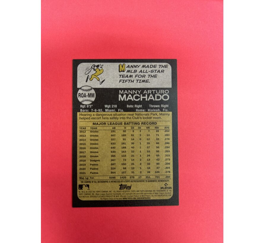 2022 TOPPS HERITAGE MANNY MACHADO BLUE INK AUTOGRAPH