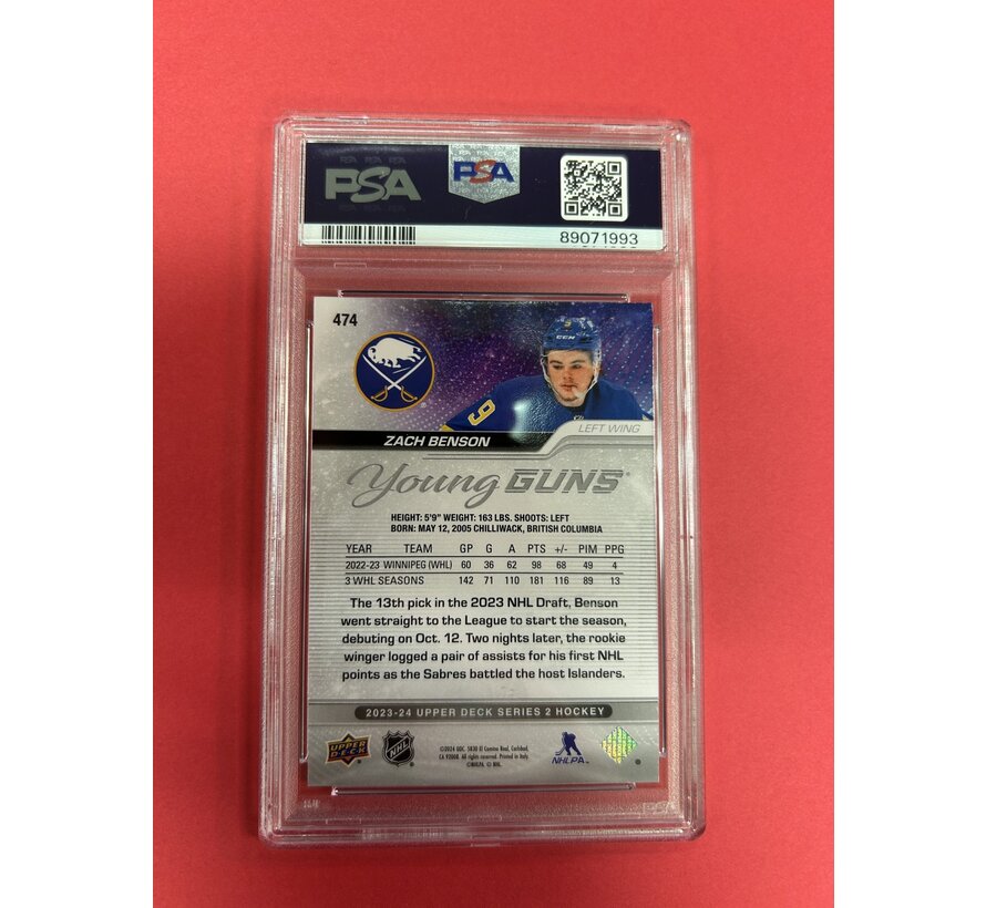 2023-24 UPPER DECK SERIES 2 ZACH BENSON YOUNG GUNS EXCLUSIVES PSA GRADED 8