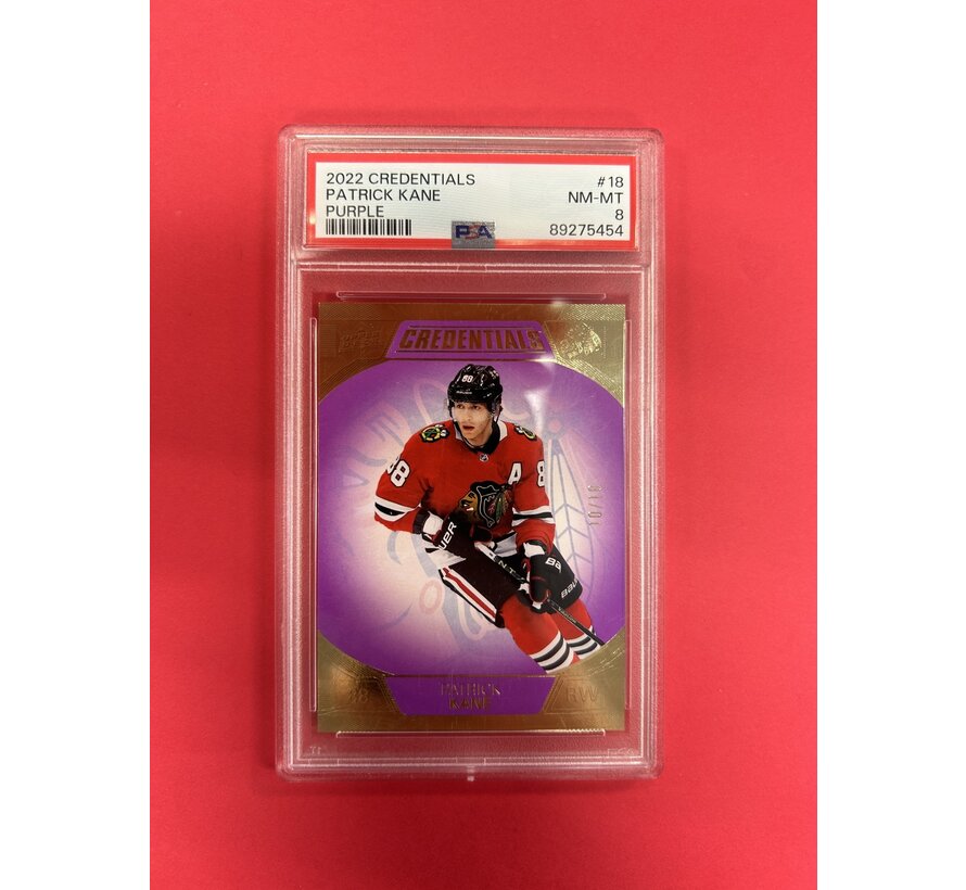 2022-23 UPPER DECK CREDENTIALS PATRICK KANE PURPLE 10/10 PSA GRADED 8