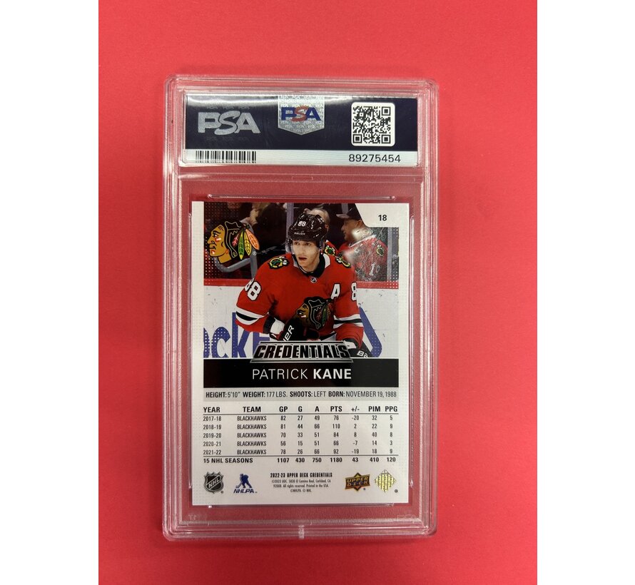2022-23 UPPER DECK CREDENTIALS PATRICK KANE PURPLE 10/10 PSA GRADED 8