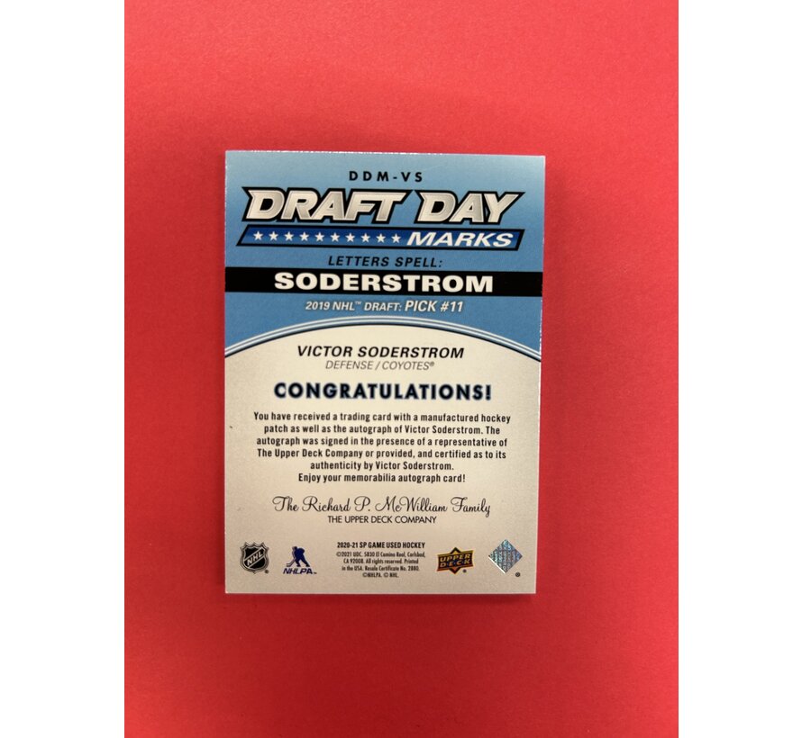 2020-21 UPPER DECK SP GAME USED VICTOR SODERSTROM DRAFT DAY MARKS /35