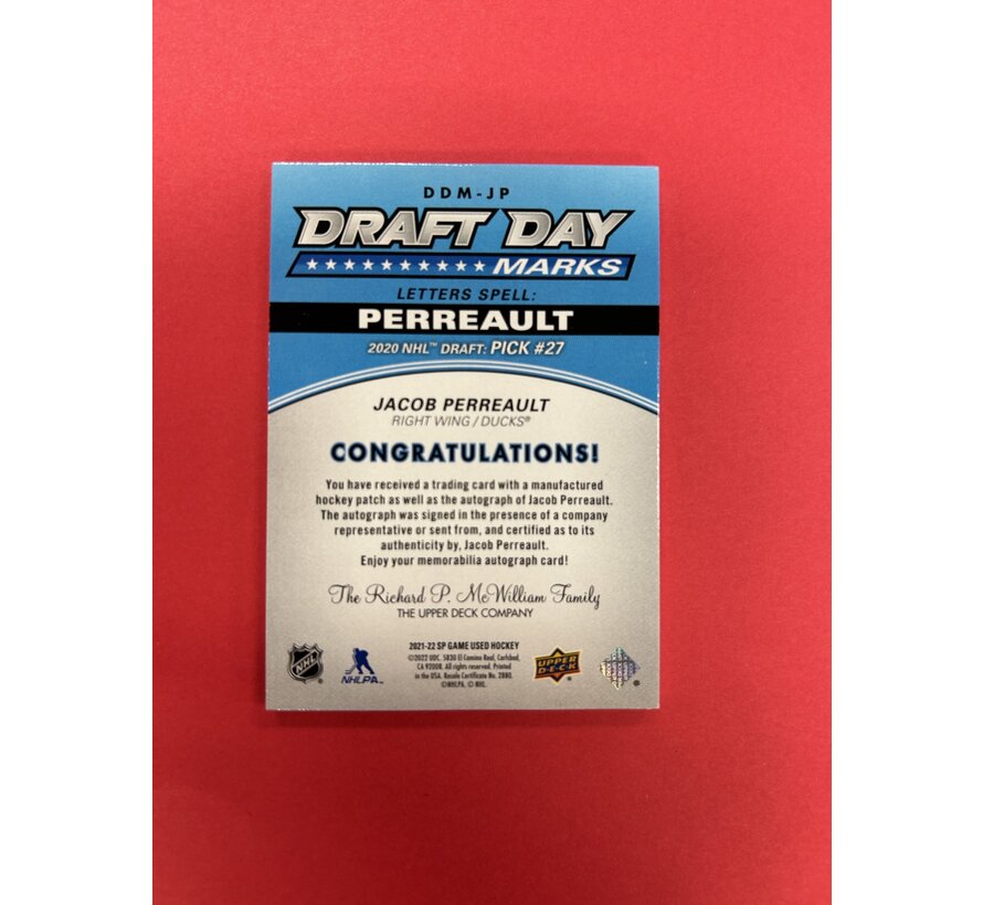 2021-22 UPPER DECK SP GAME USED JACOB PERREAULT DRAFT DAY MARKS /35