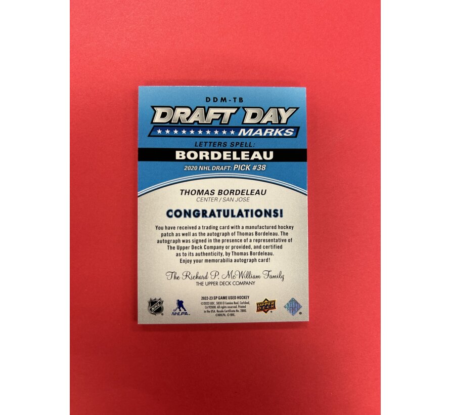 2022-23 UPPER DECK SP GAME USED THOMAS BORDELEAU DRAFT DAY MARKS /35
