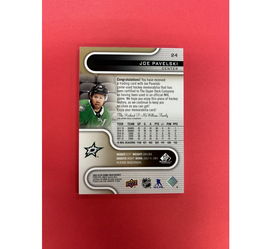 2022-23 UPPER DECK SP GAME USED JOE PAVELSKI GOLD PREMIUM PATCH /15