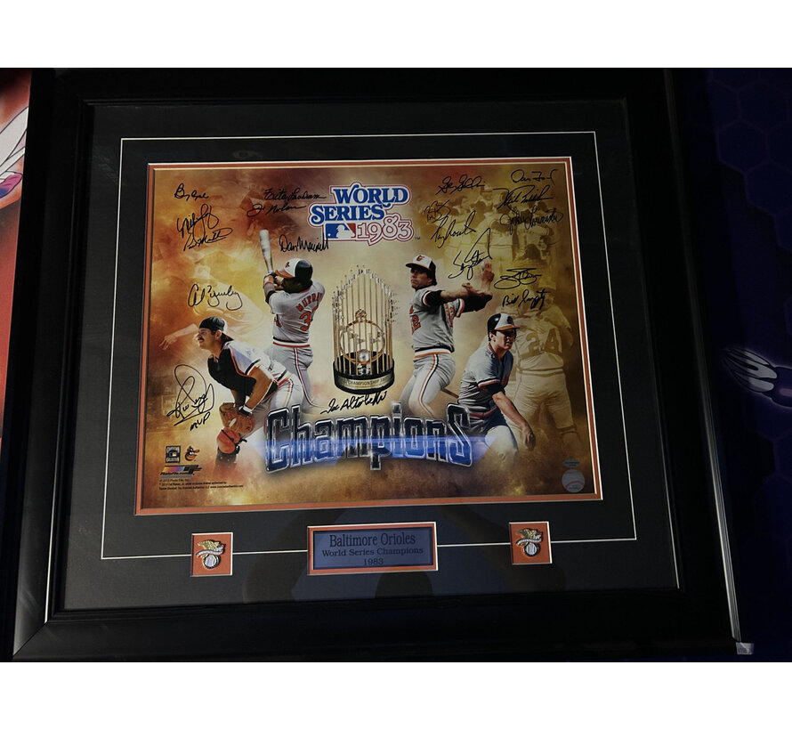 BALTIMORE ORIOLES 1983 WORLD SERIES TEAM SIGNED PICTURE FRAMED WITH PINS