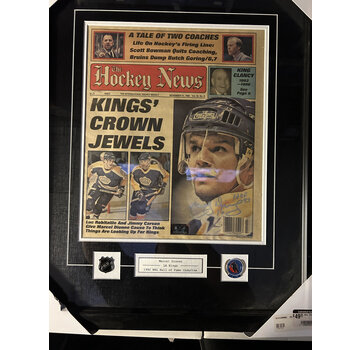 MARCEL DIONNE SIGNED FRAMED HOCKEY NEWS WITH PINS