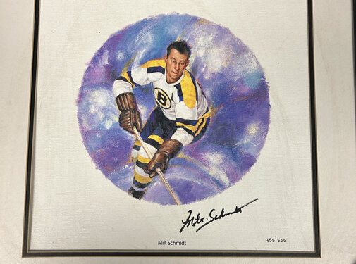 MILT SCHMIDT SIGNED FRAMED CANVAS /499