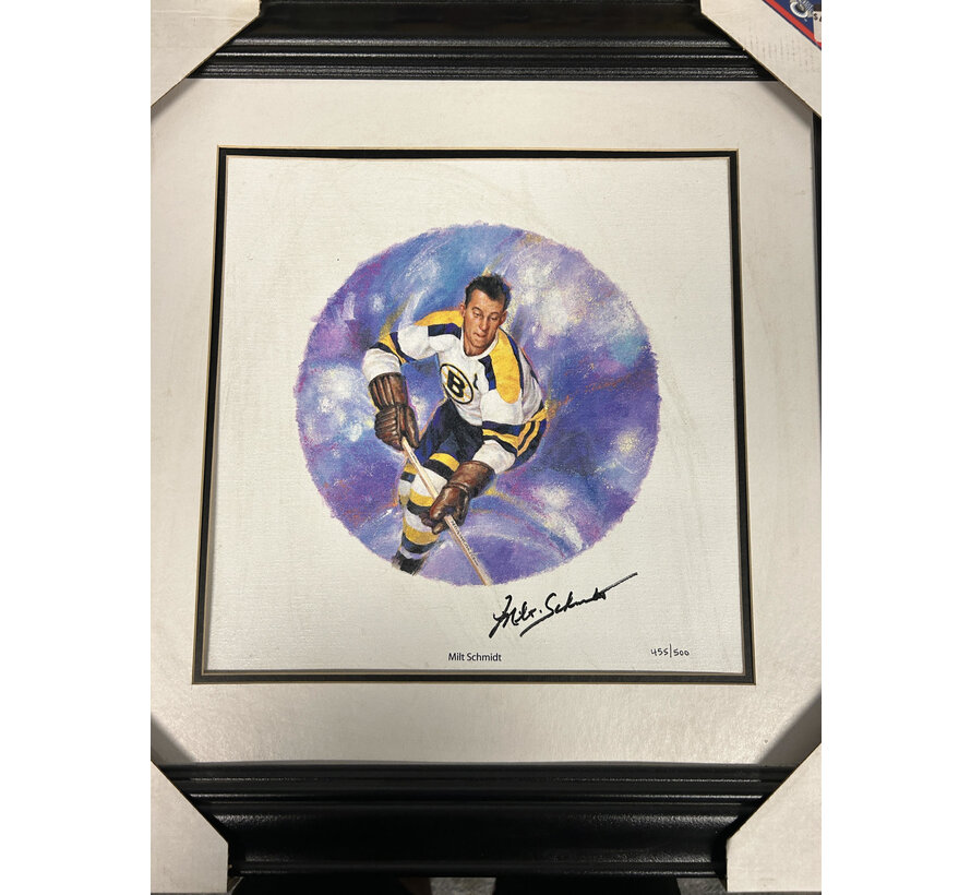 MILT SCHMIDT SIGNED FRAMED CANVAS /499