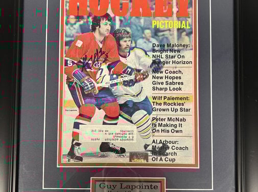 GUY LAPOINTE SIGNED FRAME PICTURE NEWSPAPER WITH PIN