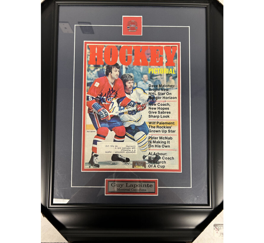 GUY LAPOINTE SIGNED FRAME PICTURE NEWSPAPER WITH PIN