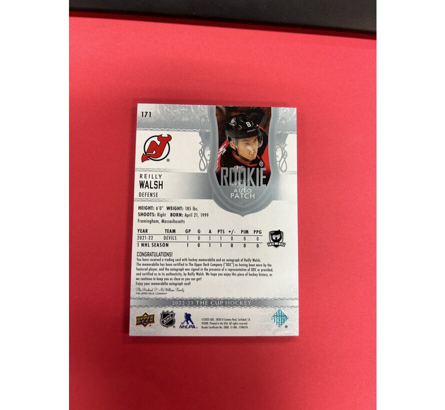 2022-23 UPPER DECK THE CUP REILLY WALSH CUP ROOKIE PATCH AUTO /249