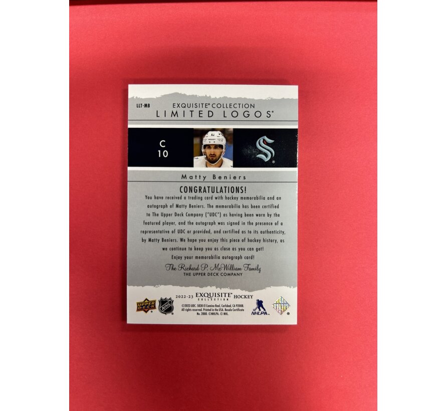 2022-23 UPPER DECK EXQUISITE COLLECTION MATTY BENIERS LIMITED LOGOS /50