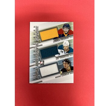 IN THE GAME 2014 IN THE GAME USED PAST PRESENT AND FUTURE LEMIEUX, THORNTON, MDAVID TRIPLE JERSEY CARD SILVER VERSION