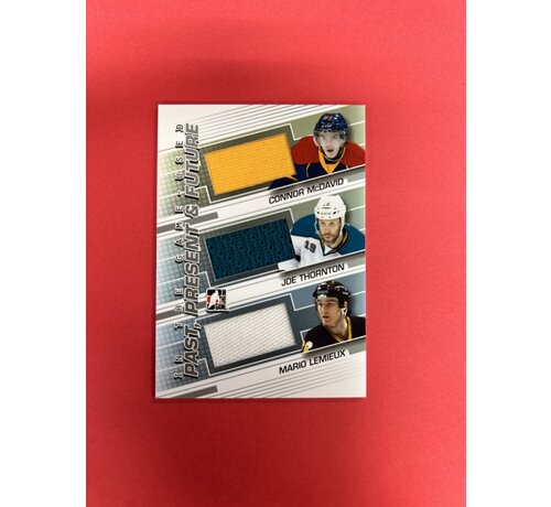 IN THE GAME 2014 IN THE GAME USED PAST PRESENT AND FUTURE LEMIEUX, THORNTON, MDAVID TRIPLE JERSEY CARD SILVER VERSION