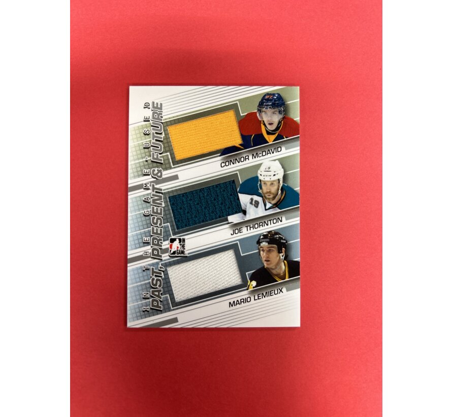 2014 IN THE GAME USED PAST PRESENT AND FUTURE LEMIEUX, THORNTON, MDAVID TRIPLE JERSEY CARD SILVER VERSION