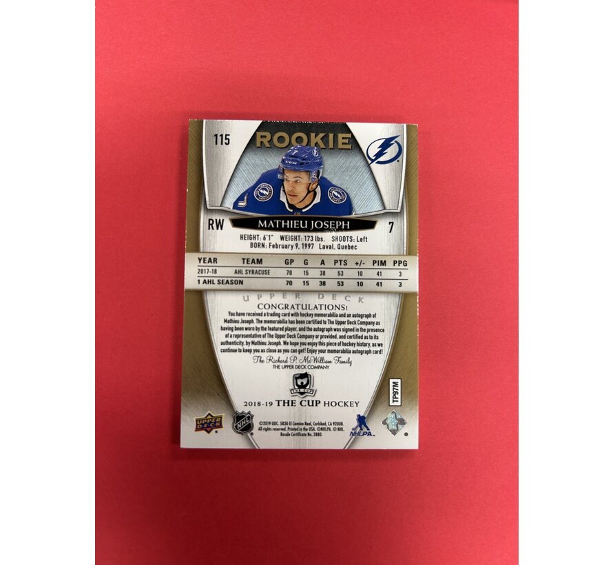 2018-19 UPPER DECK THE CUP MATHIEU JOSEPH CUP ROOKIE PATCH AUTO GOLD /24