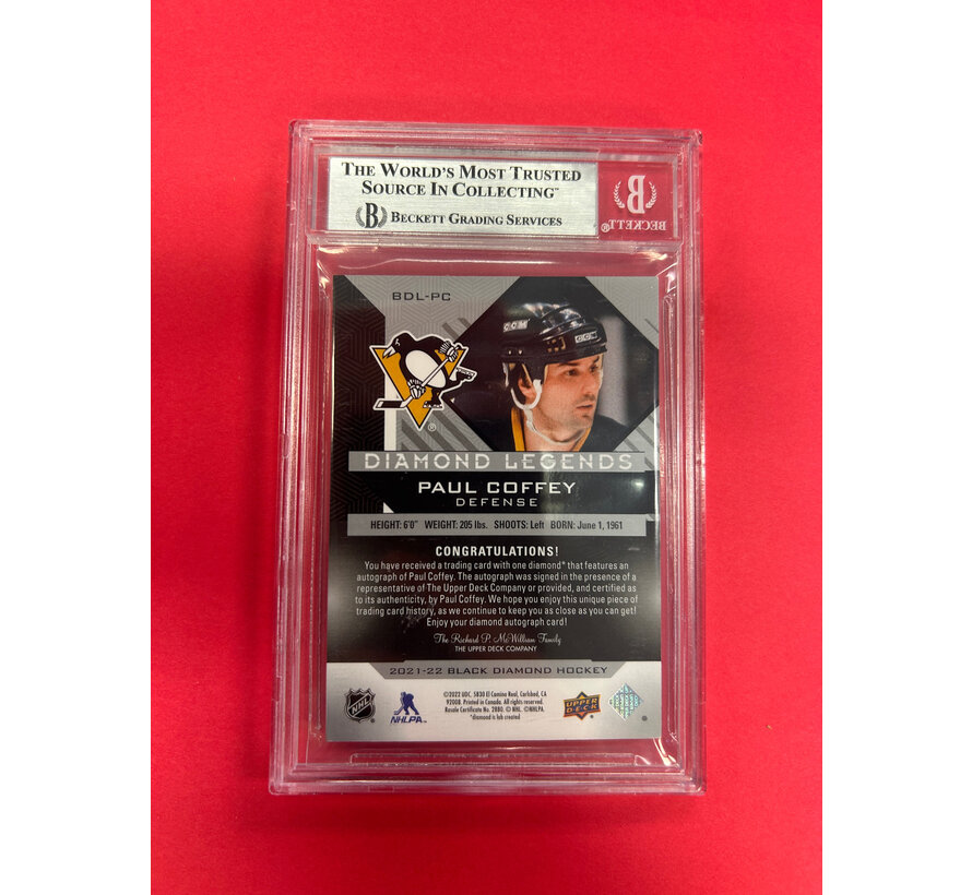2021-22 UPPER DECK BLACK DIAMOND PAUL COFFEY DIAMOND LEGENDS PURPLE DIAMOND AUTO /10 BECKETT GRADED 8