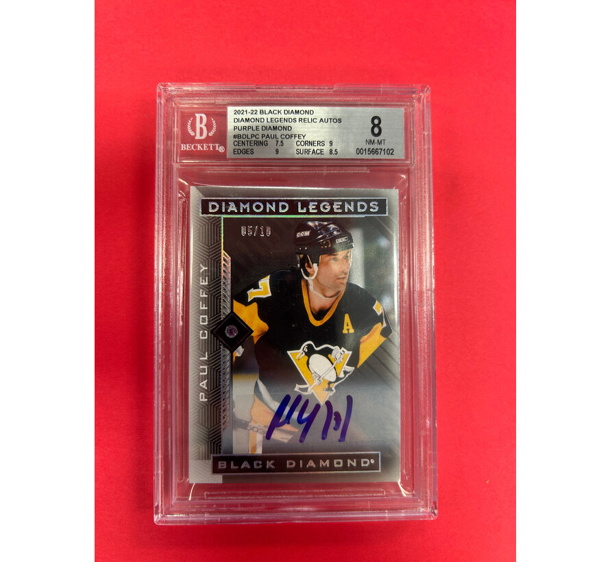 2021-22 UPPER DECK BLACK DIAMOND PAUL COFFEY DIAMOND LEGENDS PURPLE DIAMOND AUTO /10 BECKETT GRADED 8