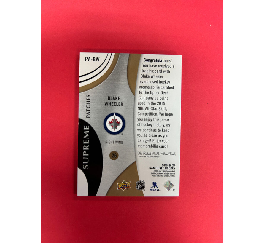 2019-20 SP GAME USED BLAKE WHEELER SUPREME PATCHES /15