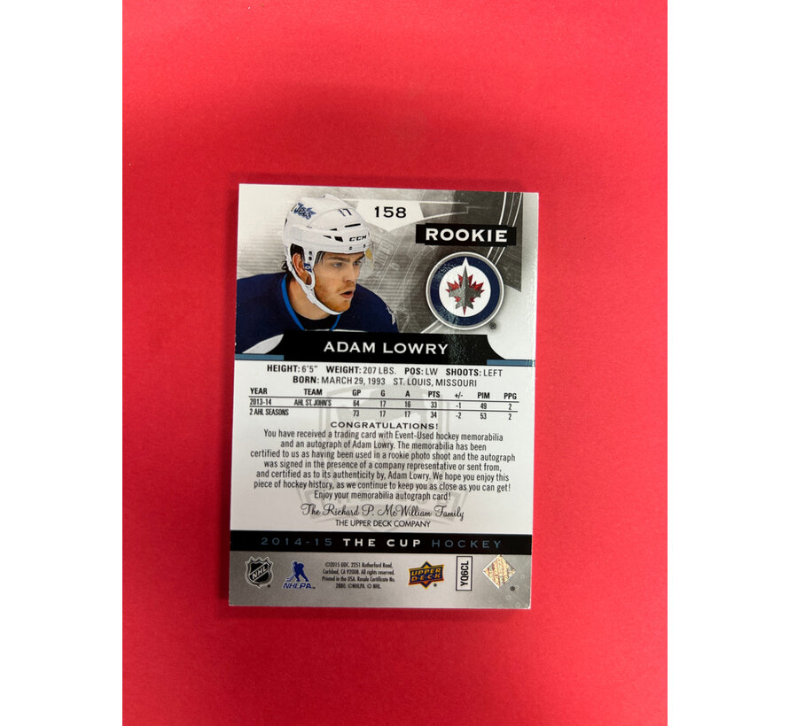 2014-15 UPPER DECK THE CUP ADAM LOWRY CUP ROOKIE PATCH AUTO /249 TOP PATCH
