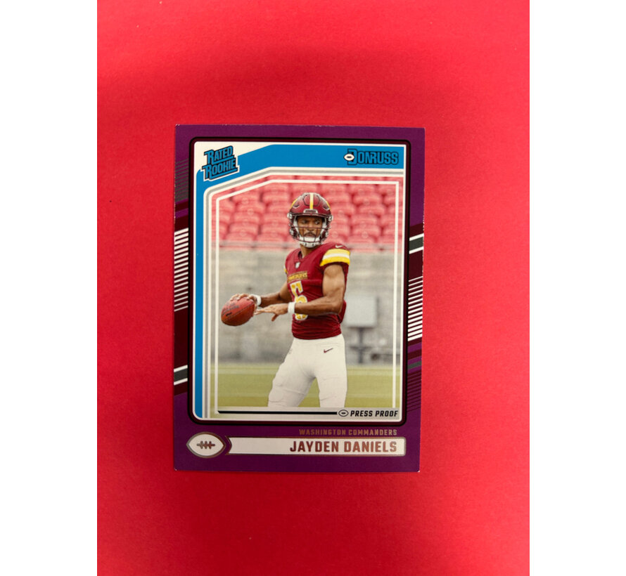 2024 PANINI DONRUSS JAYDEN DANIELS RATED ROOKIE PURPLE PRESS PROOF