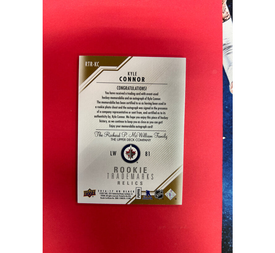 2016-17 UPPER DECK BLACK KYLE CONNOR ROOKIE TRADEMARKS RELICS JERSEY AUTO /40 GOLD