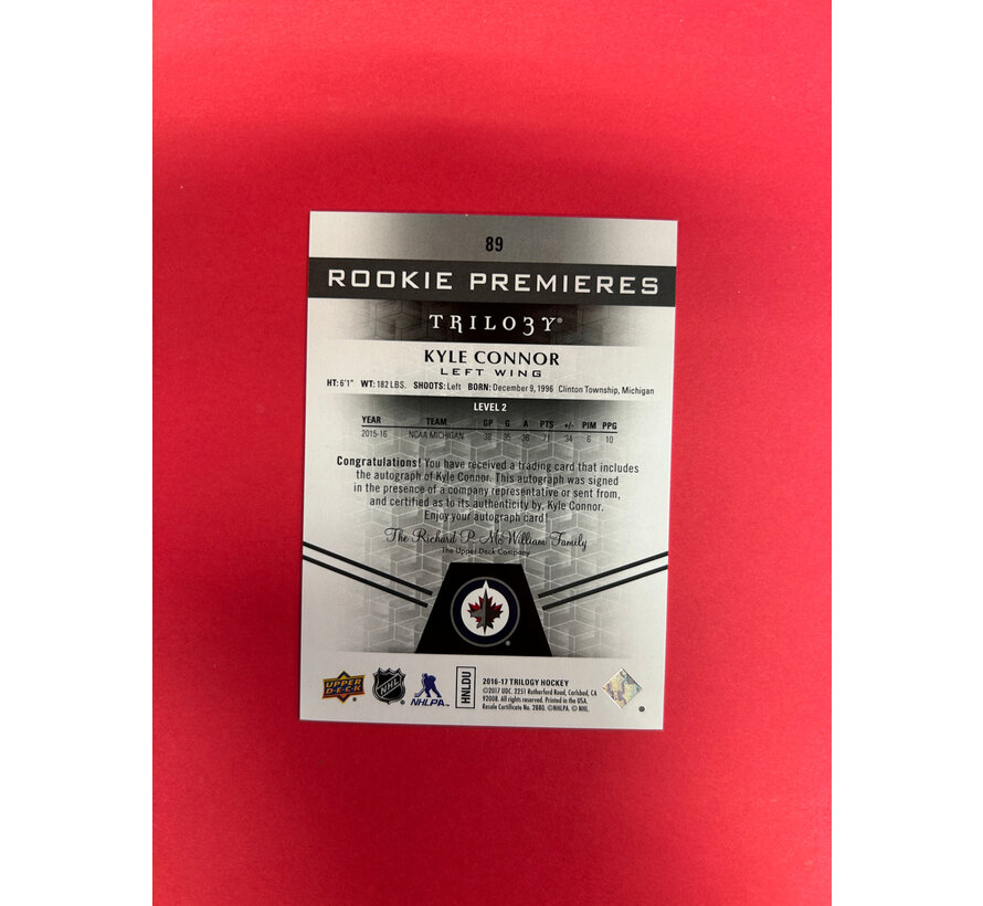 2016-17 UPPER DECK TRILOGY KYLE CONNOR ROOKIE PREMIERES AUTO /17